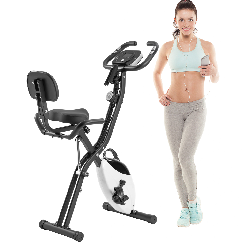 Exercise Bike Magnetic Resistance - 16段階磁気抵抗エクササイズバイク、背もたれ付き直立リカンベントXバイク、LCDディスプレイ、アームバンド付き固定式バイク