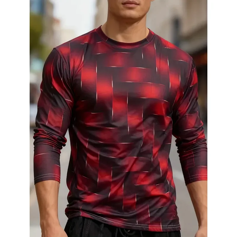 Hiking - 3Dプリントのカジュアルな長袖メンズTシャツ。2026年モデル。黒色の幾何学模様の格子柄。通気性に優れたスポーツウェア。ジムやハイキングに最適。快適な着心地。